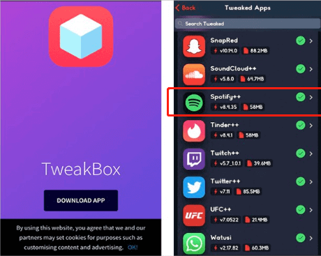 TweakBoxからSpotify++をダウンロード
