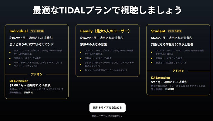 Tidalの料金プラン