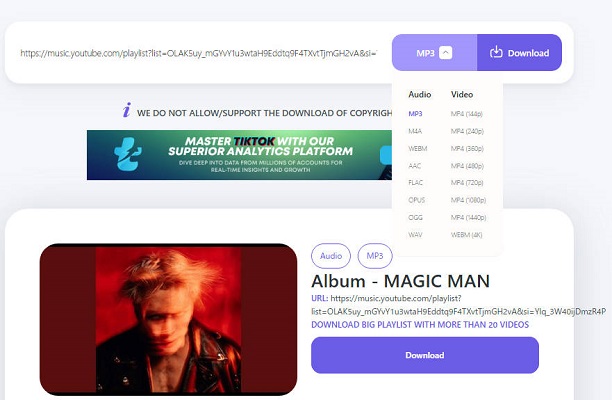 y2downでYouTube音楽をMP3にダウンロード
